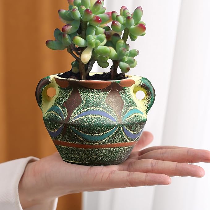 Ceramic Succulent Pot with Drainage Hole, Bohemia Rustic Decorative Planter, Set of 2, Indoor Outdoor