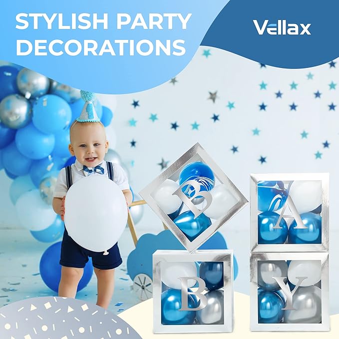 Baby Shower Boxes with Letters – Silver Boxes with Silver & Blue Balloons – 44-Piece Gender Reveal & Party Decoration Set by Vellax