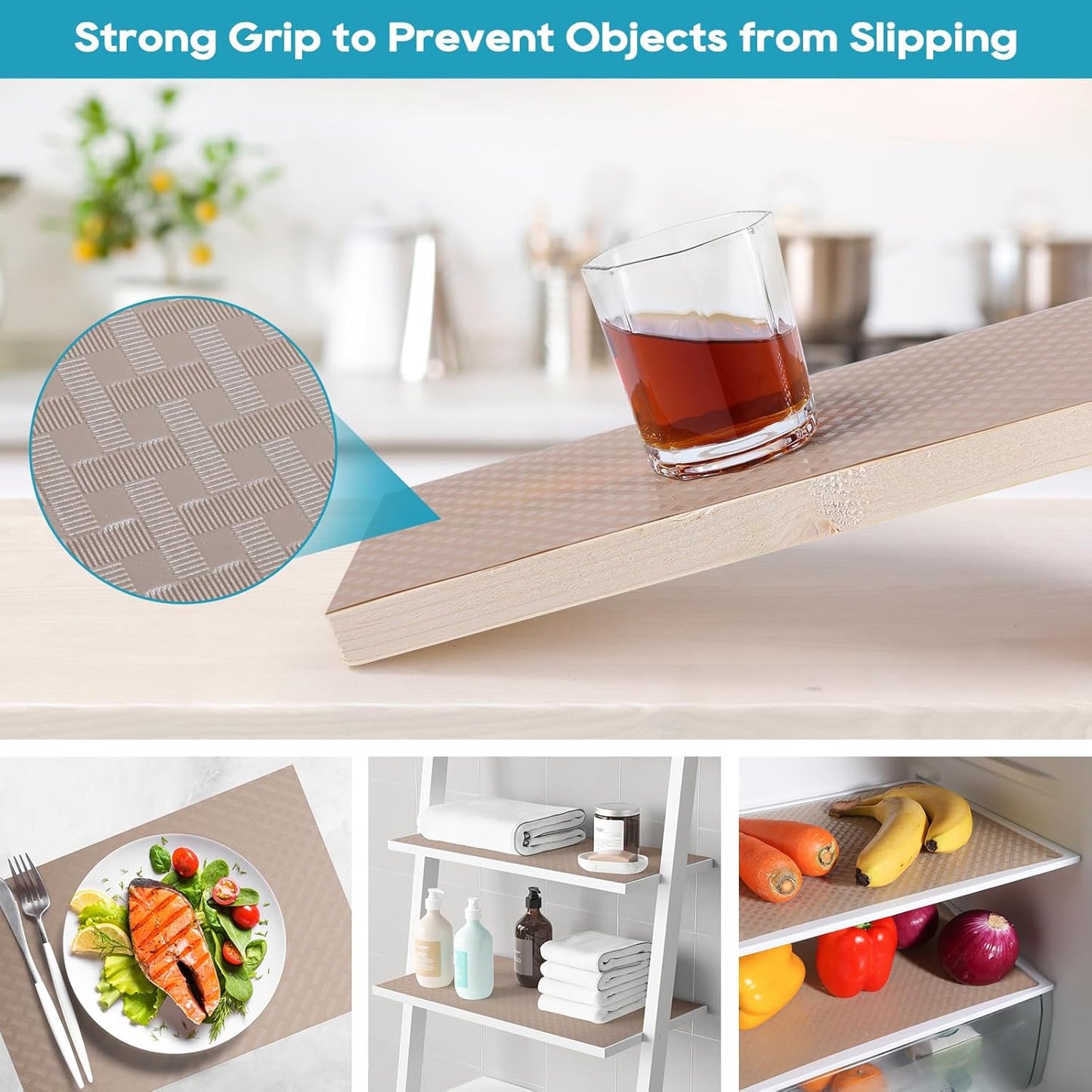 Shelf Liners for Kitchen Cabinets, Waterproof and Oil-Proof Kitchen Cupboard Liner, Refrigerator Liners and Plastic Drawer Mats EVA Non Adhesive Shelves, Fridge - Beige 11.8 x 118 Inches