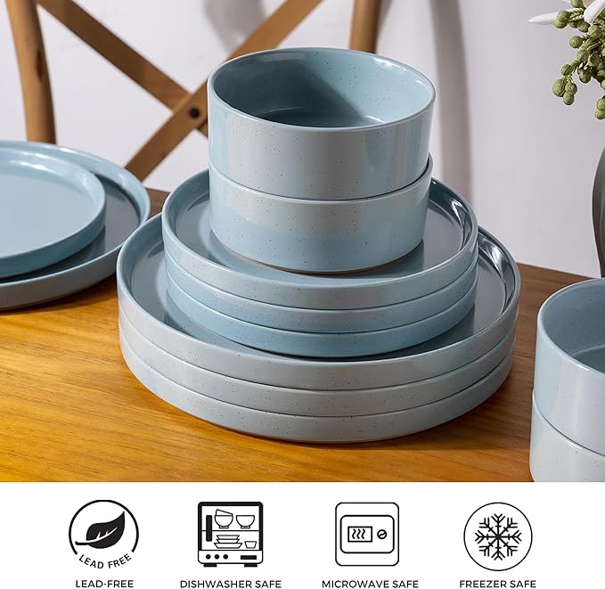 AmorArc Ceramic Dinnerware Set for 6 | Speckled Stoneware Plates and Bowls with Rustic Terracotta Underside| Scratch Resistant,Dishwasher & Microwave Safe Dishes Sets- 18pcs Blue