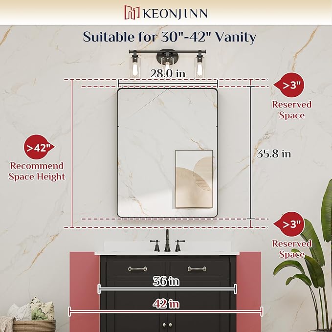 Keonjinn Black Bathroom Mirror for Over Sink, 28 x 36 Inch Rounded Rectangle
