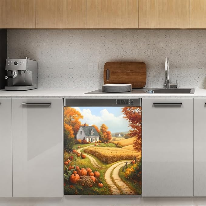 Autumn House Pumpkin Dishwasher Magnet Cover for The Front Magnetic Dishwasher Door Covers Dish Washer Sticker Wrap Home Decorative Appliances Panel Decal Kitchen Decor 23" x 26" (Magnetic)