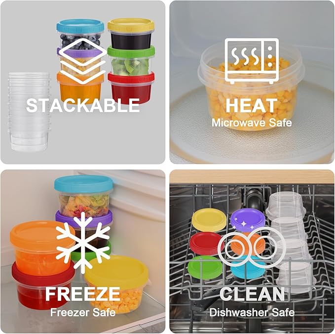 8 oz Plastic Containers with Lids, 6 Pack Stackable Small Freezer Container, Reusable Clear Food Storage Meal Prep Containers for Snack Fruit, Microwave & Dishwasher Safe, with Pen & Brush