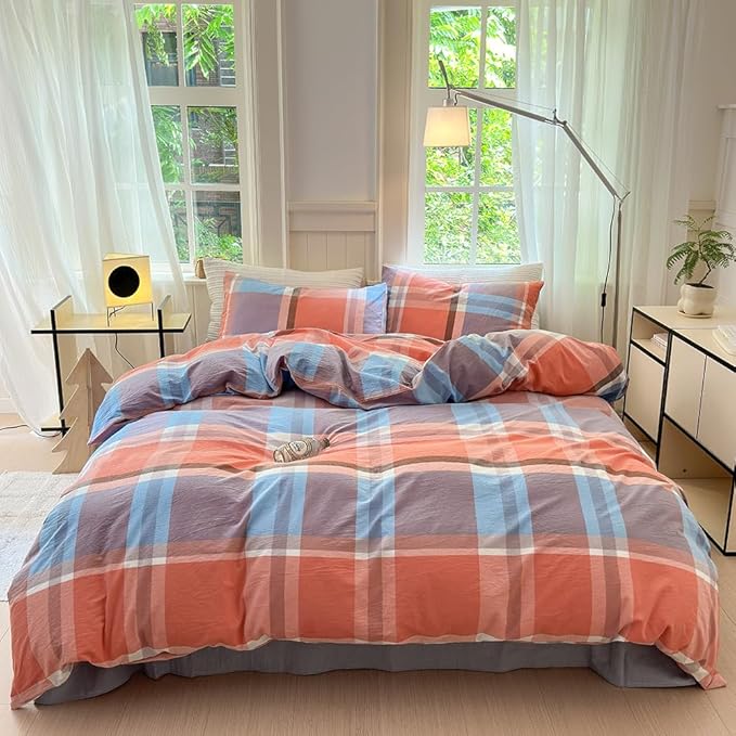 FACE TWO FACE Bedding Duvet Cover Set100% Washed Cotton Duvet Cover Linen Like Textured Breathable Durable Soft Comfy (California King, Time Blue)