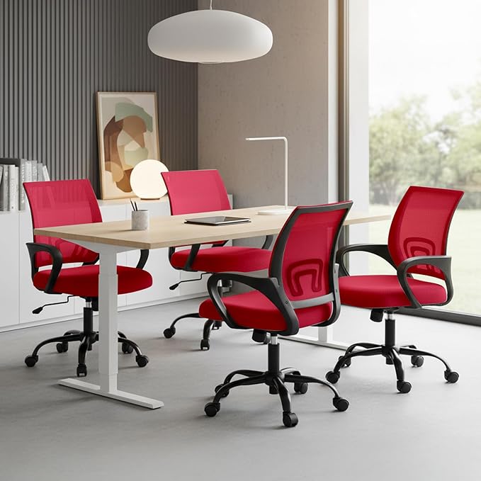 DUMOS Home Office Chair - Ergonomic Mid Back Mesh Desk Chair with Lumbar Support & Rocking Mode, Height Adjustable with Fixed Armrest, for Computer, Gaming, Meeting, Red, 2 Pack