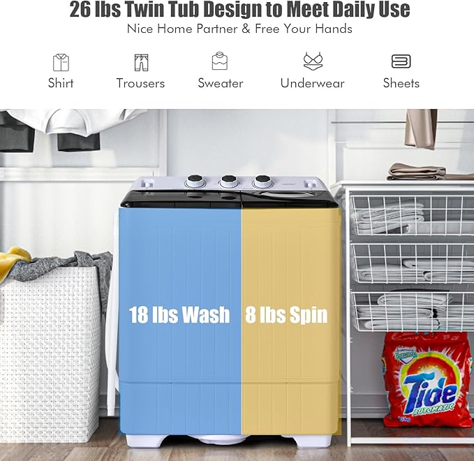 COSTWAY Portable Washing Machine, 2-in-1 Twin Tub 26lbs Capacity Laundry Washer(18lbs) and Spinner(8lbs) with Control Knobs, Timer Function, Drain Pump, Perfect for Home Apartment RV, Black