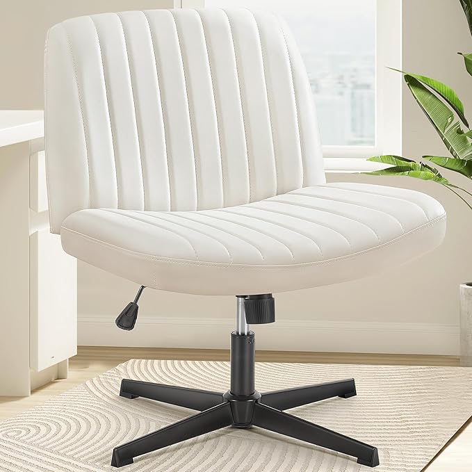 OLIXIS Criss Cross Legged Chairs Armless No Wheels Wide Seat Height Adjustable Swivel Padded PU Leather Home Office Desk Chair for Bedroom, Student, Study Room,Beige