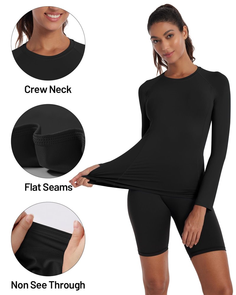 Runhit Compression Shirt Women Long Sleeve UPF 50+ Workout Undershirts Crew Neck Underscrub Athletic Running Tops Black