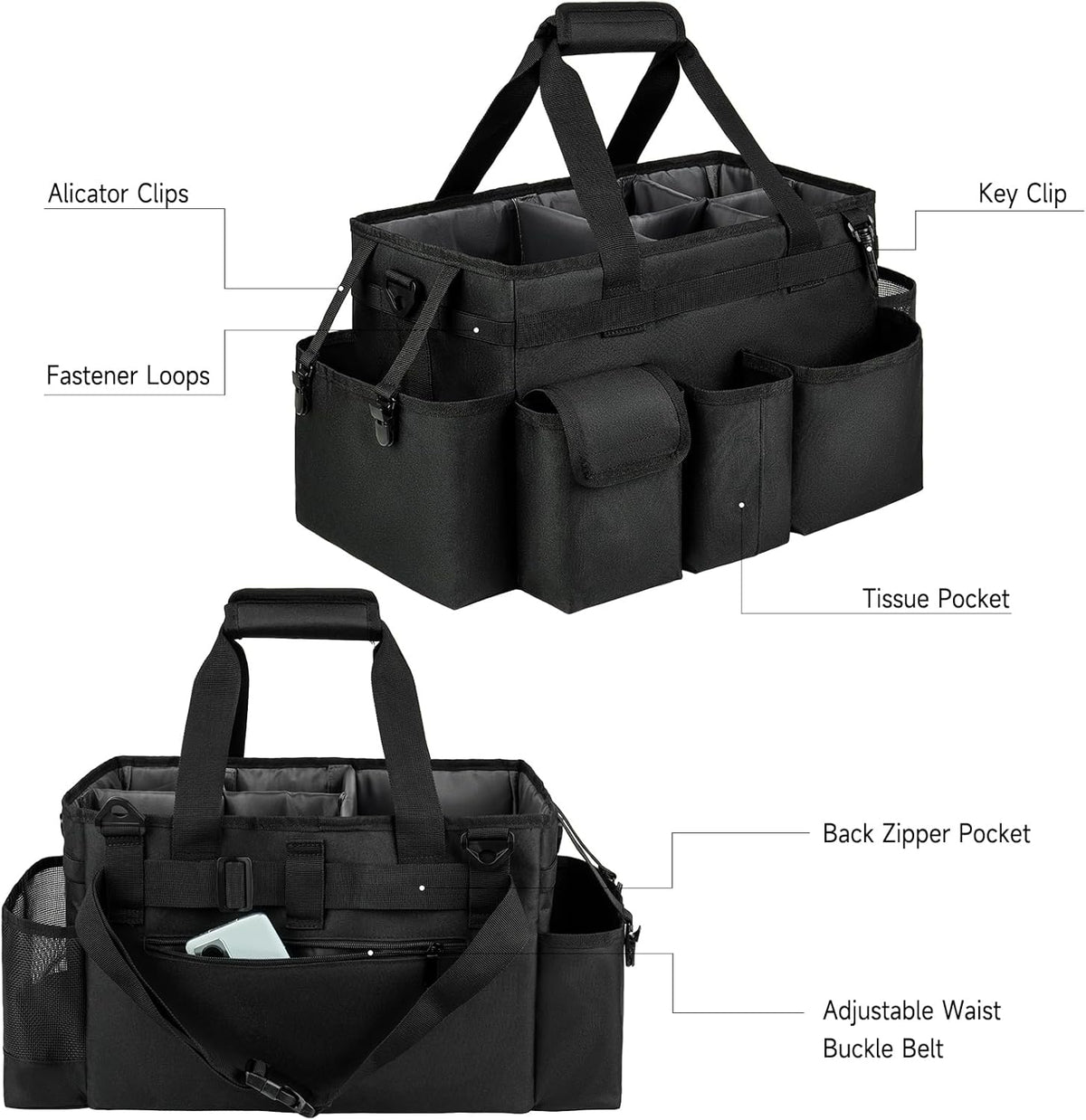 Cleaning Caddy Bag,Large Cleaning Supplies Organizer with Handle for Housekeepers, Black