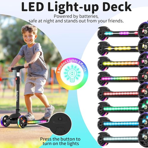 BELEEV A9 Kids Scooter - LED Light-Up Wheels & Deck, Adjustable Handlebar, 3-Wheel Design for Ages 3-12
