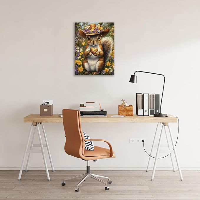 Western Squirrel Wall Art, Squirrel Peanut Pictures Wall Decor, Country Rustic Animal Canvas Prints, Forest Flower Painting, Framed Artwork for Bathroom Living Room Bedroom Dining Room 16"X12"