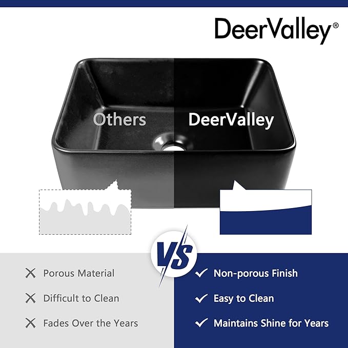 DeerValley 16x12 Inch Black Rectangular Vessel Sink, Above Counter Porcelain Ceramic Top Mount Sink, Countertop Vanity Art Basin for Bathroom, DV-1V0048B