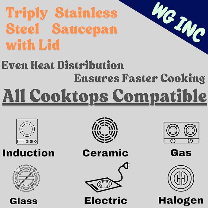 Triply Stainless Steel Saucepan with Lid, 1.3 Quart / 1250 ML, All Clad Induction Compatible Tri-Ply Heavy Duty Sauce Pans, Oven Safe, Thick Saucier Pan, Dishwasher Friendly