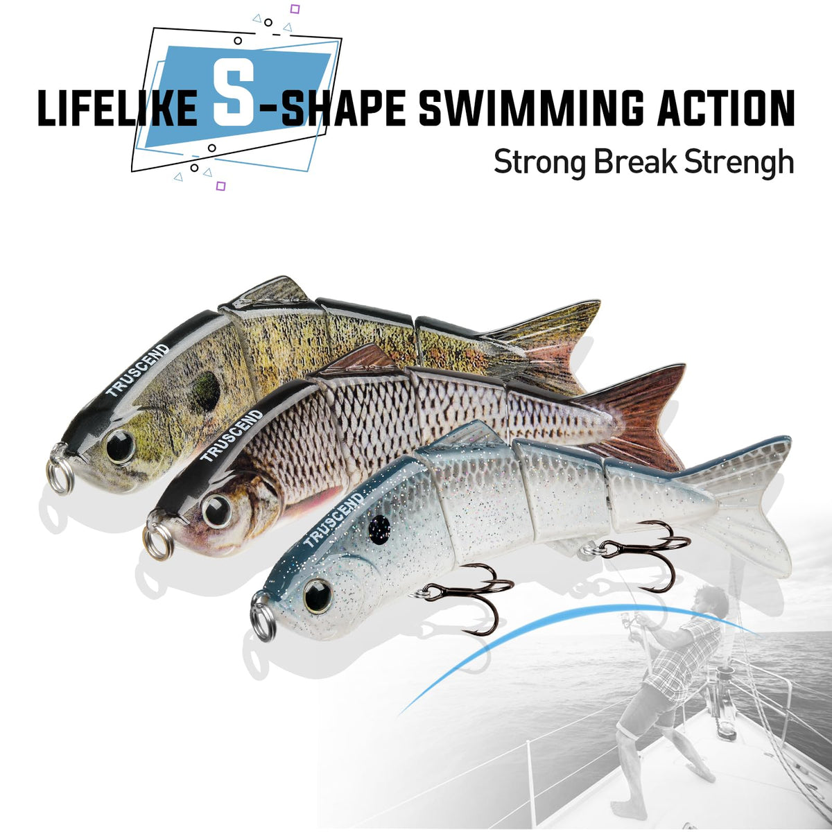 TRUSCEND Easy Catch Swimmax, Magic Noisy Turbulent Wiggling and Vibrating Actions for More Bites, Segmented Swimbait Jointed by Metal Hinge, Lifelike Fishing Lures for Relax Family Fishing
