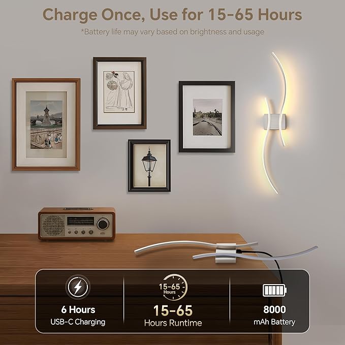 Battery Operated Wall Sconce Set of Two, Dimmable Modern LED Rechargeable Wall