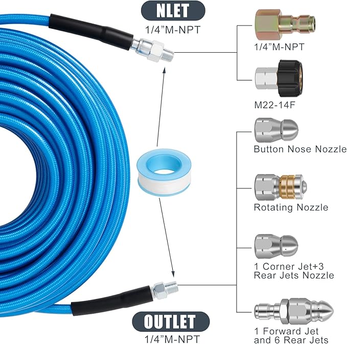 100 FT Sewer Jetter Kit for Pressure Washer, 5800PSI Water Jet Drain Cleaner Hose, 1/4 Inch NPT Corner with 4 Sewer Jetting Nozzles, Pearl Corsage Pin, Waterproof Tape, Handle Strap&2 Spanner (Blue)