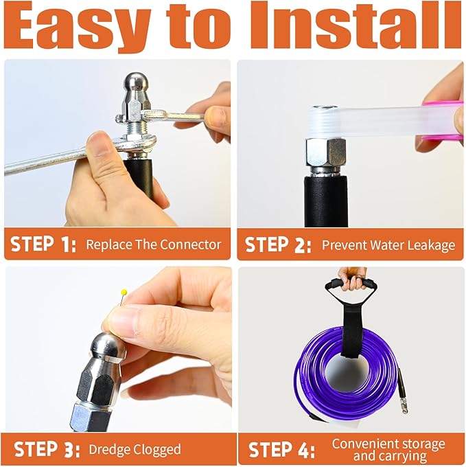 Sewer Jetter Kit for Pressure Washer, 100FT Drain Cleaner Hose 5800PSI with 1/4 Inch NPT Corner, Rotating Nozzle and 4 Different Button Nose Sewer Jet Nozzles, Waterproof Tape and 2 Spanners （Purple）