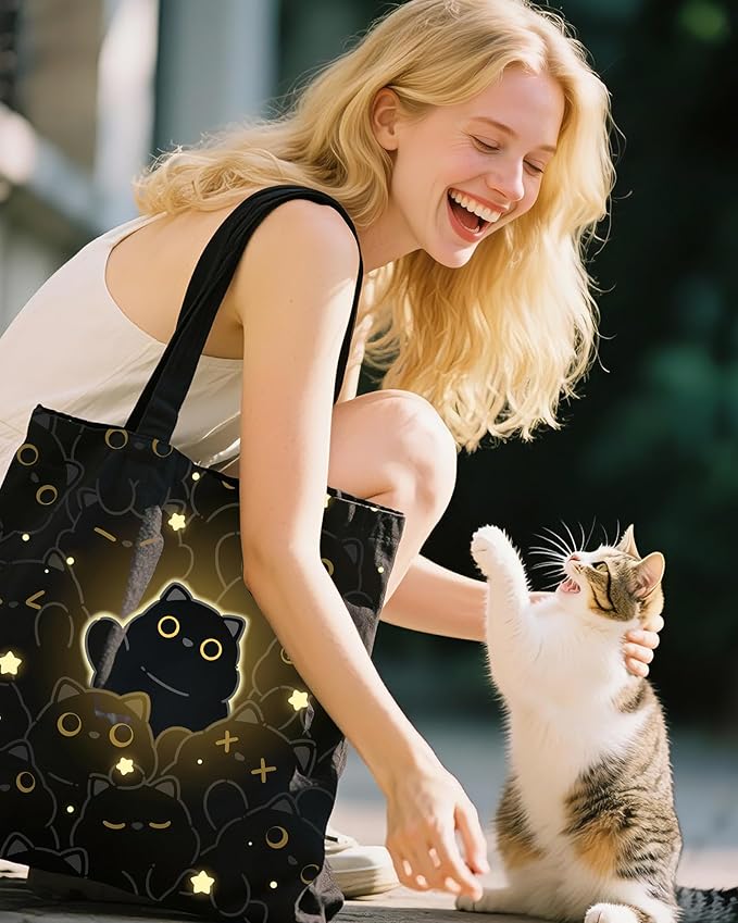 Canvas Tote Bag with Aesthetic Prints, Cute Tote Bag for Women Girls with Wide Strap, Gifts for Cat Book Lovers