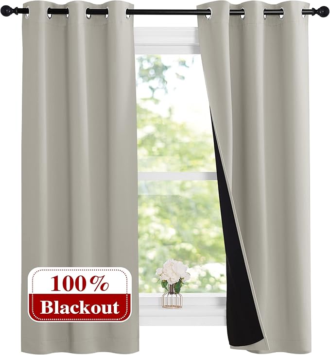 NICETOWN Natural 100% Blackout Lined Curtains, 1 Pair, 2 Thick Layers Narrow