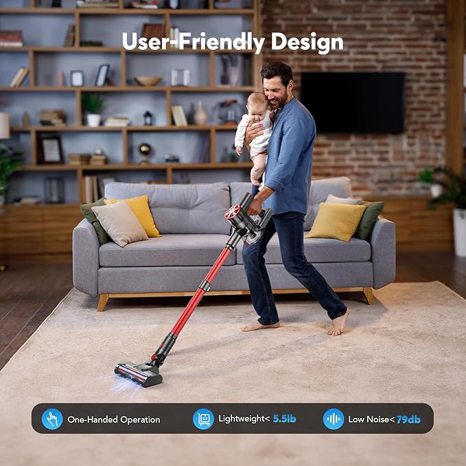 Comvtu Cordless Vacuum Cleaner for Home, 80,000PRM Powerful 4 in 1 Lightweight Stick Vacuum with 2 Adjustable Suctions, Max 40 Mins Runtime, 2600mAh Rechargeable Vacuum Cleaners (Vermilion)
