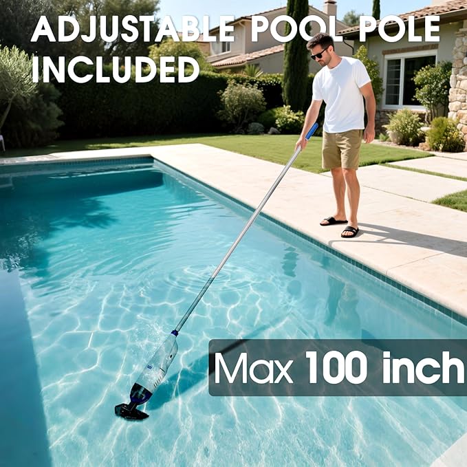 Cordless Handheld Pool Vacuum Cleaner 1110 GPH True Strong Suction 60min Run-time 40µm Ultra Fine Mesh Filter for Leaves Debris,with Aluminum Pole&Angle Head for Hot Tubs,Inground &Above Ground Pools