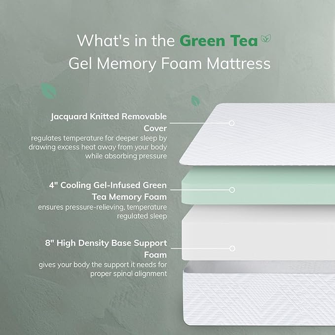 EGO White 12 inch King Memory Foam Mattress, Gel Green Tea Mattress Bed in a Box, Made in USA, CertiPUR-US Certified, 76"x80", Medium Firm