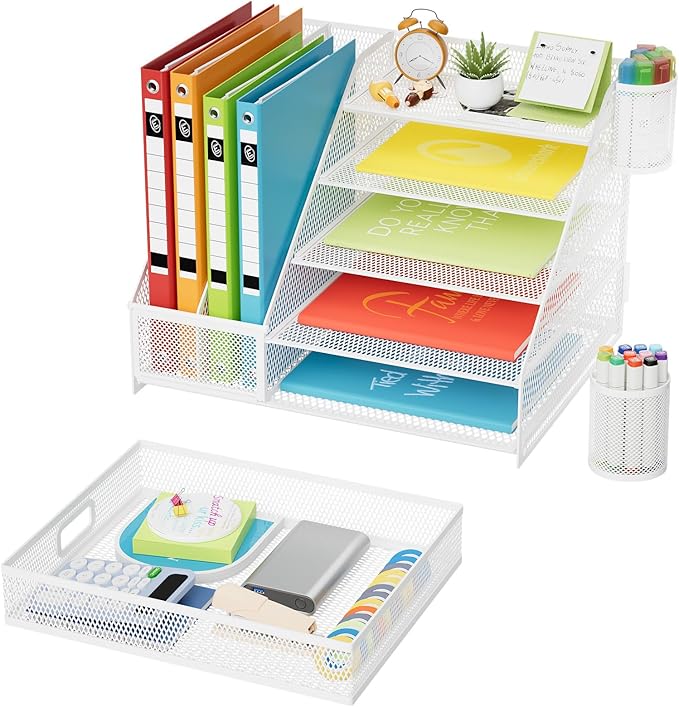 Marbrasse Desk Organizer with File Holder, 5-Tier Paper Letter Tray Organizer with Drawer and 2 Pen Holder,Mesh Desk Organizers and Accessories,Desktop Organizer and Storage for Office Supplies(White)