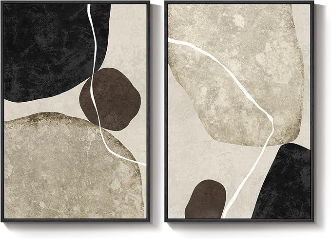 Large Framed Neutral Abstract Wall Art Set of 2, Modern Black Beige Brown