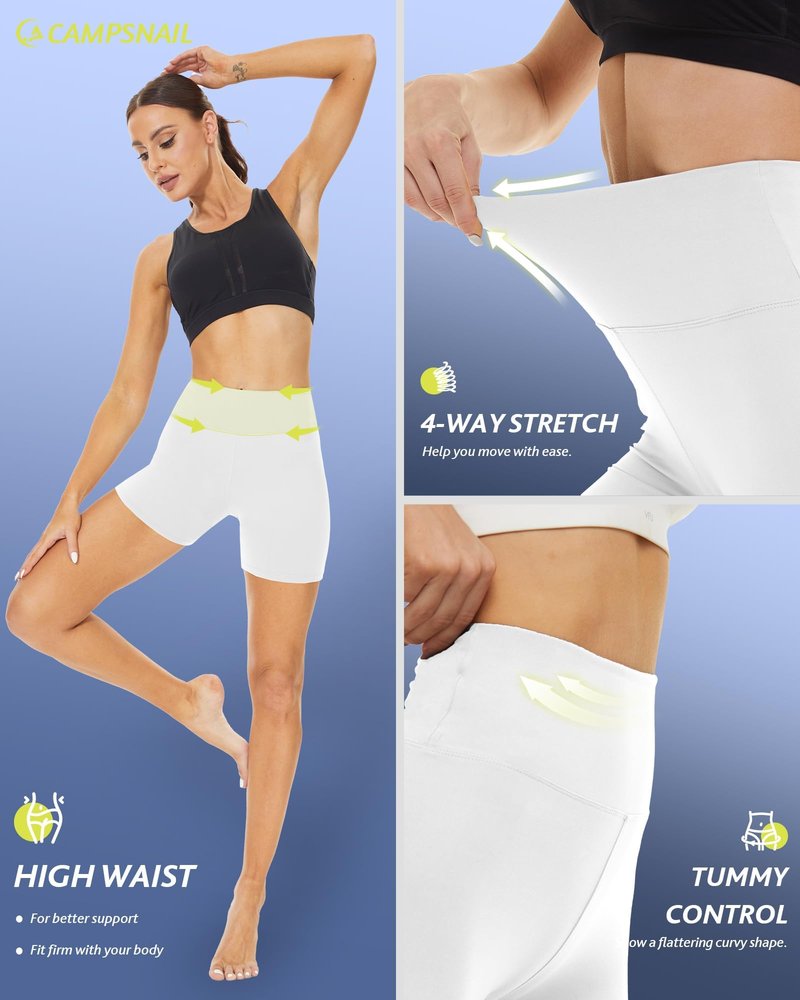 CAMPSNAIL Workout Biker Shorts Women - 3"/5"/8" High Waisted Tummy Control Spandex Booty Volleyball Shorts for Yoga Dance White