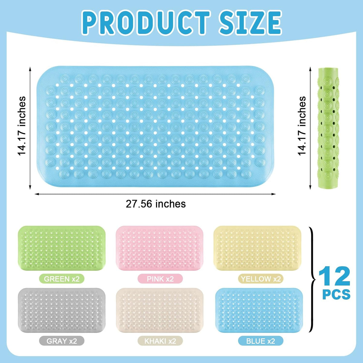 Dunzy 12 Pcs Non Slip Bath Mats 27.6x14.2 Inches TPE Bathtub Mats with Suction Cups Drain Holes Textured Surface Anti Slip Shower Pad for Bathroom Tub Adults Elderly Home Hotel