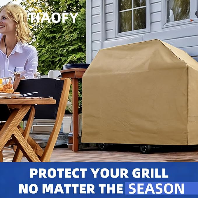 BBQ Gas Grill Cover for Outdoor, Anti-UV, Rip-Proof, 600D Oxford Fade Resistant Material, Barbecue Cover with Hook and Loop Straps & Adjustable Hem Drawstring (Beige, 40”x24”x50”)
