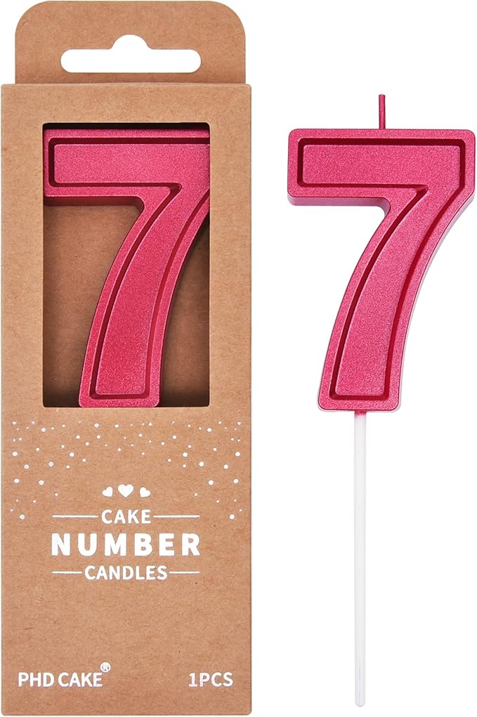 PHD CAKE Luxe Red 7 Number Birthday Candle, 2.76 Inch, Red, Modern, Long Burn, Smokeless, Unscented