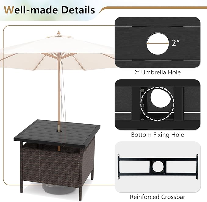 Giantex Umbrella Table, Outdoor Side Table with 2" Umbrella Hole, Rattan Umbrella Stand Holder, Heavy Duty Metal Frame, Patio Bistro Table for Deck Garden Poolside, Mix Brown (HDPE Tabletop)