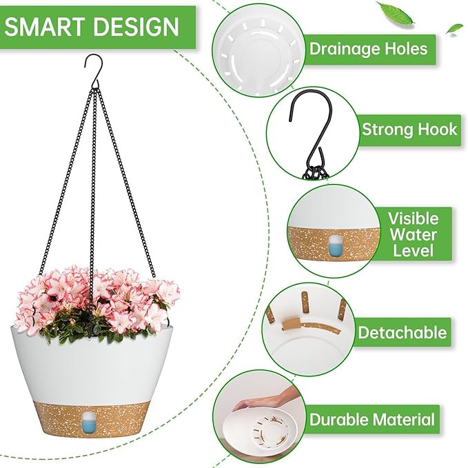 ZMTECH 2 Pack 10 Inch Hanging Planters for Indoor Plants, Modern White Hanging Planter with Visible Water Level Window & Metal Chain, Decorative Plant Hanger Indoor for Spring Balcony Decor