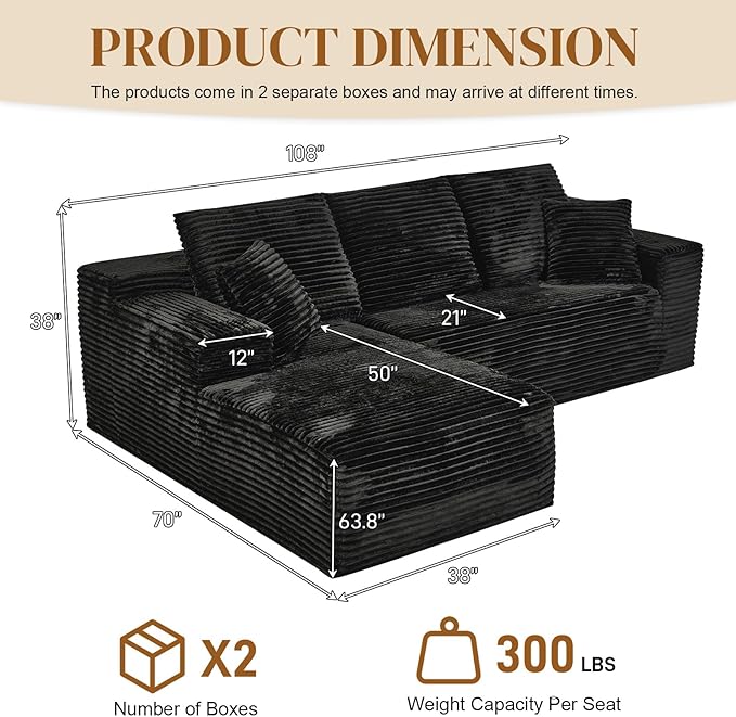 108" L Shaped Boneless Sectional Couches for Living Room, Wide Armrest, Deep Seat, Memory Foam, Assembly Free, Modern Comfy Corduroy Fluffy Cloud Sofa with Left Chaise, Black