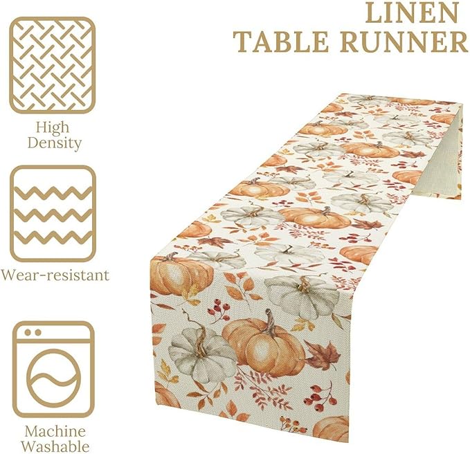 Pumpkin Table Runner Fall Orange White Colorful Leaves Berries Thanksgiving Watercolor Illustration Rustic Decor for Farmhouse Indoor Outdoor Party Holiday Dining Kitchen Restaurant Cafe W13xL120in