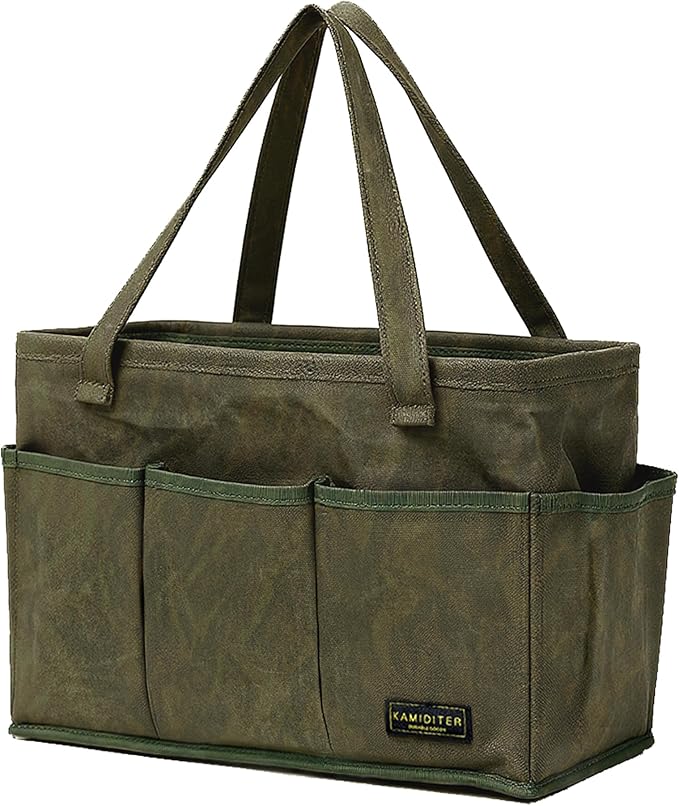Tool Bag with Metal Frame, Waxed Canvas Wide Open Top Tool Tote Bag with 10 External Pockets, 15.5 x 7.5 x 10.5 Inches (ArmyGreen)