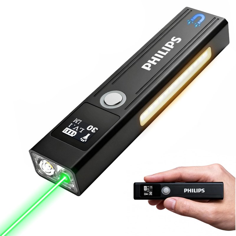 PHILIPS SFL6256 Rechargeable EDC Flat Flashlight with Green Laser, Warm and White LED Combo,1200 High Lumens Aluminium Portable Pocket Lights with 9 Modes,Triple Sources for Outdoors Emergency Working