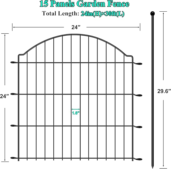 Decorative Garden Fences 24in x 30ft, 15 Pack Outdoor Fencing Animal Barrier Dog Border, Metal Wire Fence Panels for Garden Decor, Flower Bed Edging Borders for No Dig Patio Yard