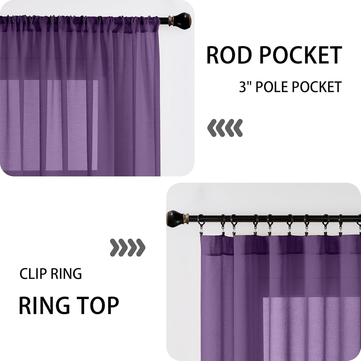 Tollpiz Short Sheer Curtain Linen Textured Curtain Sheers Doorway Light Filtering Voile Patio Glass Door Rod Pocket Curtains French Door, 54 x 54 inches Long, Royal Purple, Set of 1 Panel