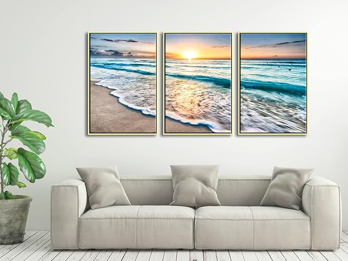 Wieco Art Framed Wall Art 3 Panels Blue Beach Canvas Art