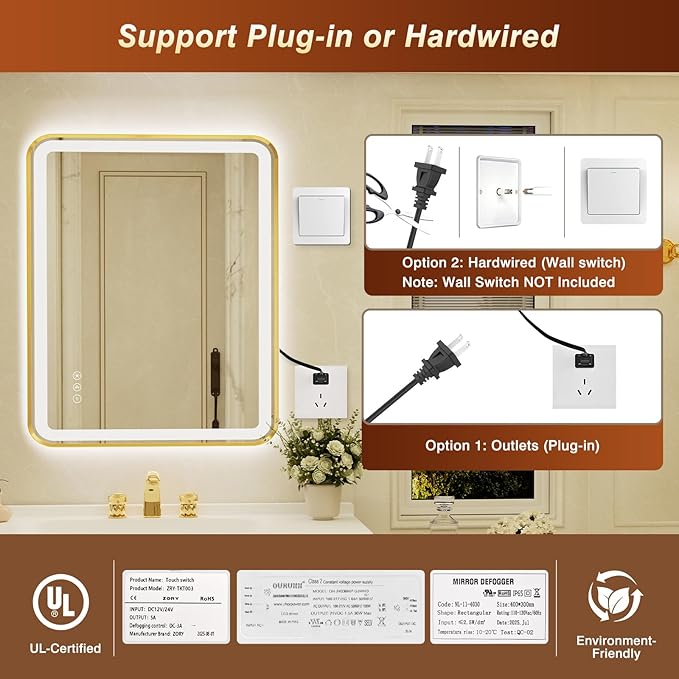 32x40 Inch Gold Framed LED Bathroom Mirror