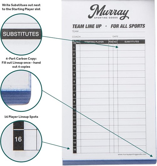 Murray Sporting Goods Baseball Lineup Cards - 30 Games with 16 Player Roster Sheets | 4-Part Carbon Copies