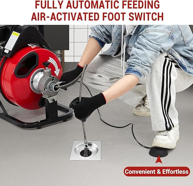 100 FT x 1/2 Drain Cleaner Machine with 250W Motor,Auto Feed Portable Sewer Snake Auger with Wheels,8 Cutters,Air-activated Foot Switch,Fits 1" to 4" Pipes