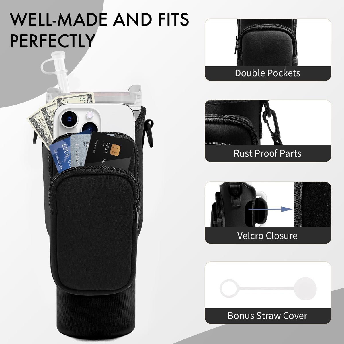 JEBEALUO Water Bottle Carrier Bag with Phone Pocket for Stanley Cup 40/30 oz, Water Bottle Holder with Adjustable Strap& Straw Cover, Stanley Cup Accessories (Black)