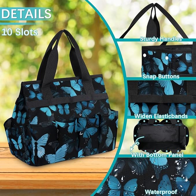 Butterfly Blue Gardening Tool Bag,Heavy Duty Garden Tote Bag,Portable Oxford Gardening Storage Basket Organizer Handbag with Pockets Handle,Hand Tools Gifts for Outdoor Garden Lawn Yard