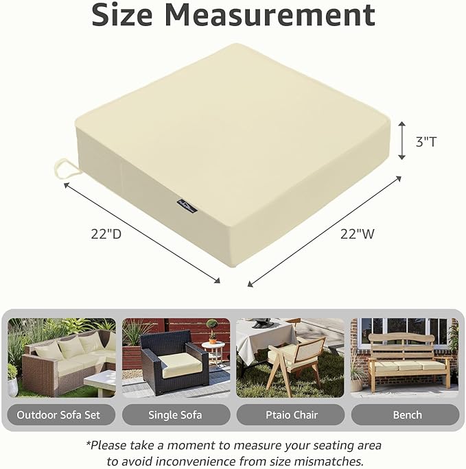 PatioGlow Outdoor Chair Cushions 22 x 22 x 3 Inch, Waterproof & Fade Resistant Patio Seat Cushion for Furniture with Handle and Ties, Thick Seating Pads for Outside Sofa Couch Set of 2, Beige
