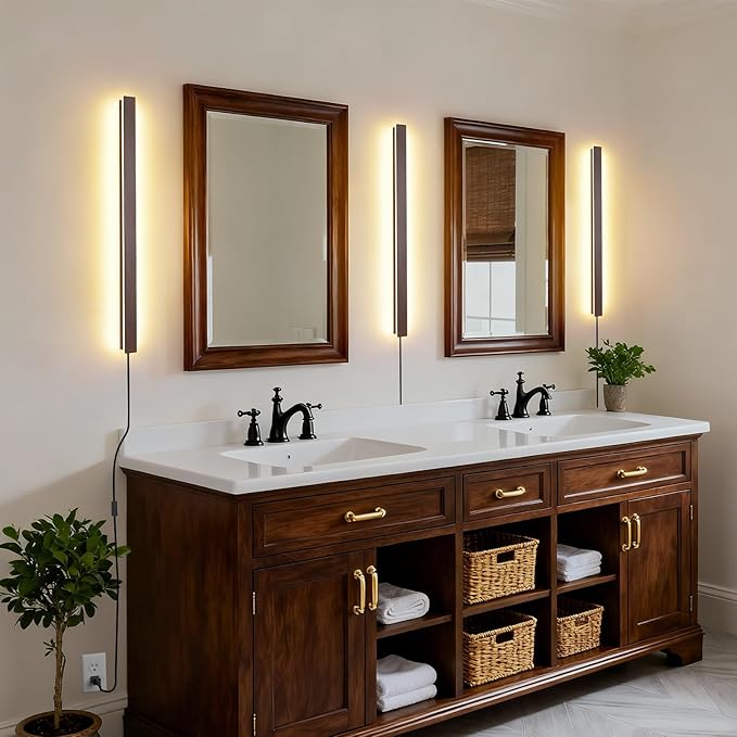 KELUOLY Farmhouse Plug in Long Wall Sconce, 31.4 inch Faux Walnut Finish LED