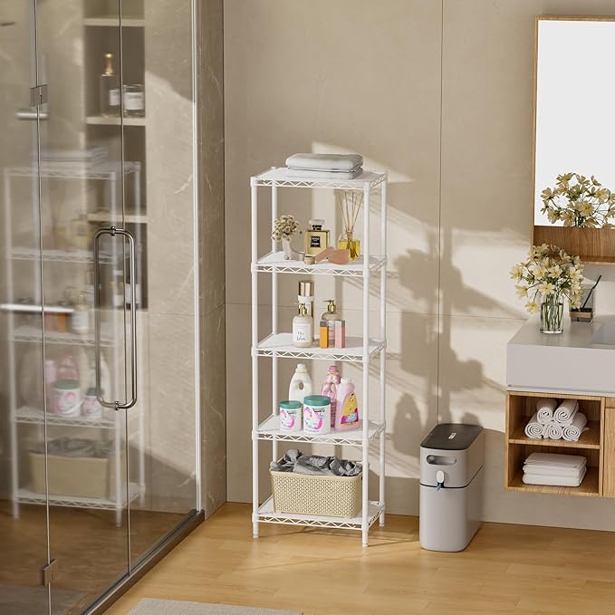 SINGAYE 5 Shelves Storage Shelf Wire Closet Bathroom Organizers Metal Pantry Kitchen Small Garage Shelving Unit Laundry Room Organization Home Corner Rack Estantes para Cocina White 10" Dx16 Wx55”H