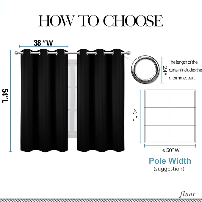 LEMOMO Black Blackout Curtains/38 x 54 Inch/Set of Two Panels Grommet Living